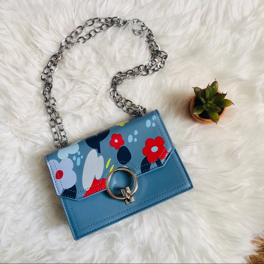 Blue flower printed handbag w/ O ring buckle